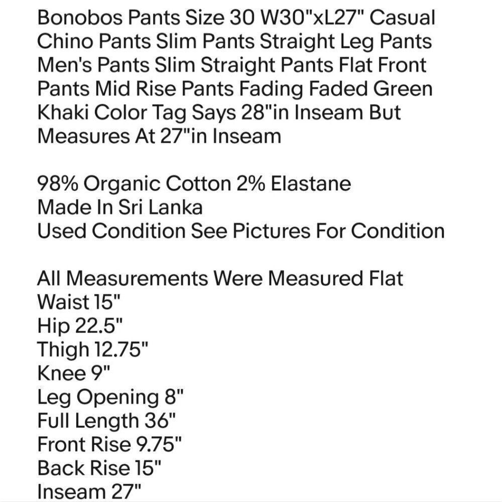 Bonobos Pants Size 30 W30"xL27" Casual Chino Pants Slim Pants Straight Leg Pants - Picture 2 of 7